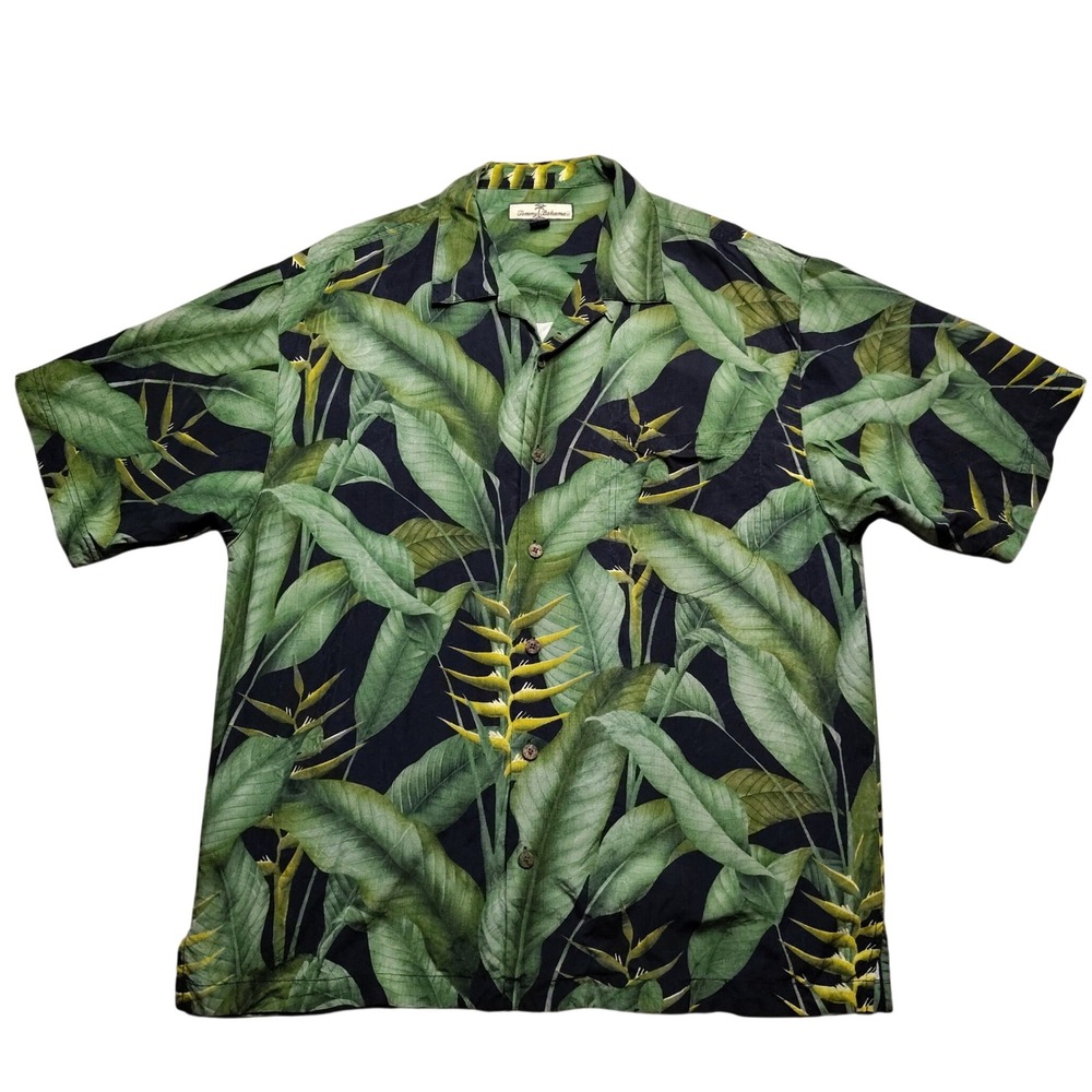 Tommy Bahama Silk Shirt Mens Large Green Tropical Leaf Short Sleeve Loop Collar